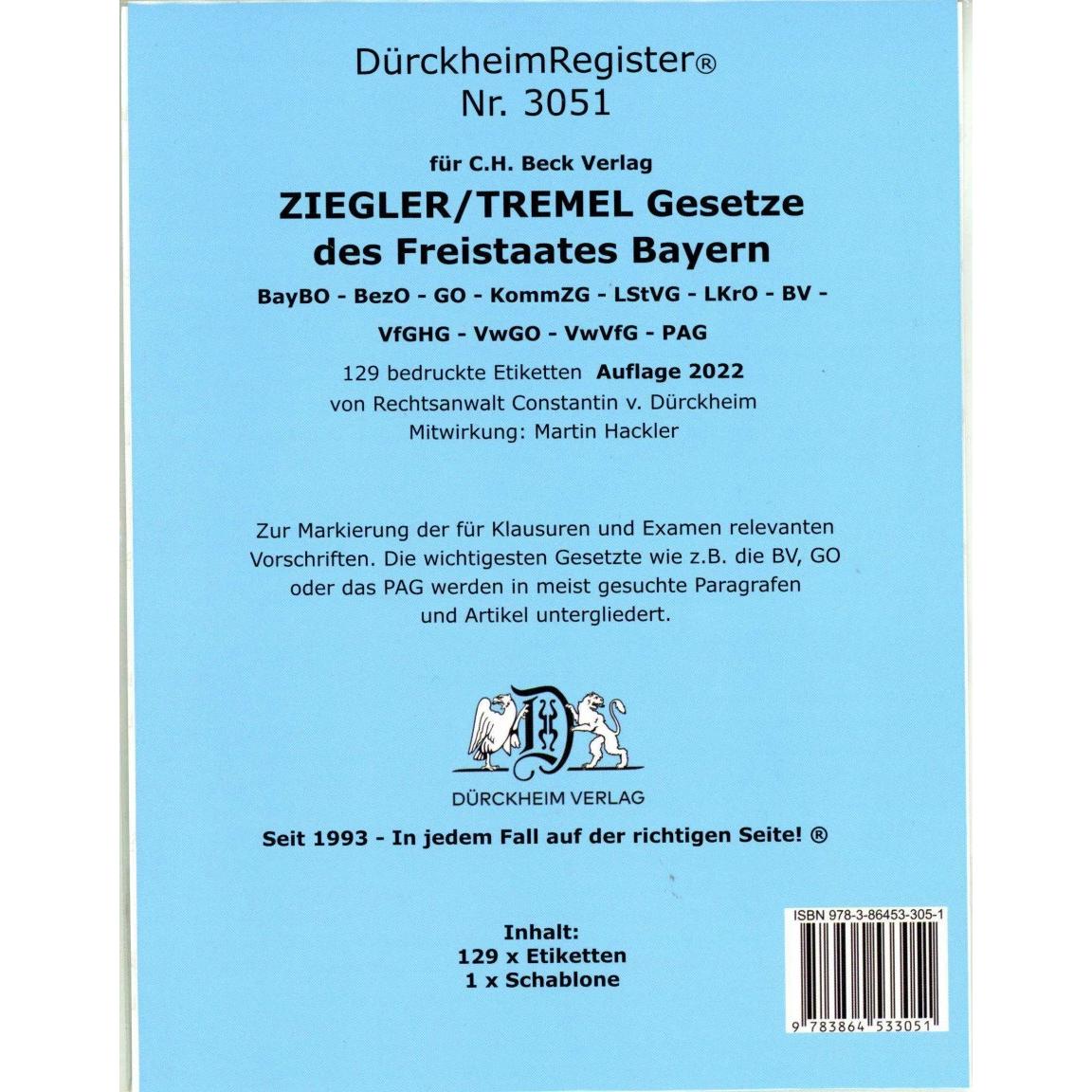 DürckheimRegister ZIEGLER TREMEL Gesetze Freistaat Bayern 2023, Fachbücher von Constantin Dürckheim
