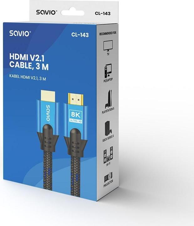 Produktbild Savio HDMI-Kabel (M) v2.1, 3 m, 8K, Kupfer, blau schwarz, goldenes Ende, Ethernet/3D, CL-143 (3 m, HDMI, 2.1)