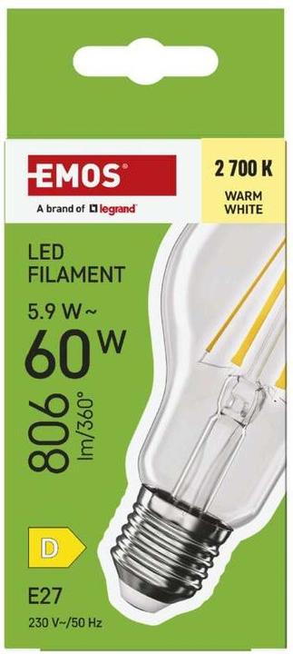Immagine prodotto Emos Lampada LED a filamento A60 / E27 / 5,9 W (60 W) / 806 lm / Bianco caldo (E27, 5.90 W, 806 lm, 1 x, D)