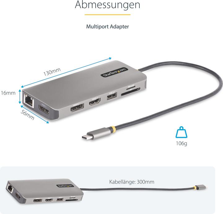 Produktbild StarTech COM Drei Monitor USB-C Multiport Adapter 2x 4K 60Hz + 4K 30Hz HDMI & DP 4x USB-A 100W GbE L (USB-C, 3 Ports)