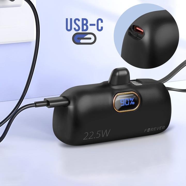 Actual product image Forever mini power bank MTB-100 22.5W 5000 mAh Lightning black (5000 mAh, 22.50 W, 18.50 Wh)