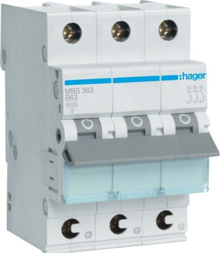 Produktbild Hager Leitungsschutzschalter 3p. B-63A,6kA,3M QC MBS363