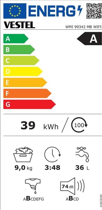 Energie-Label Vestel Waschmaschine WMI99342 MB WIFI 9kg/1400Umin bk A (Speditionsversand) (9 kg, Links)