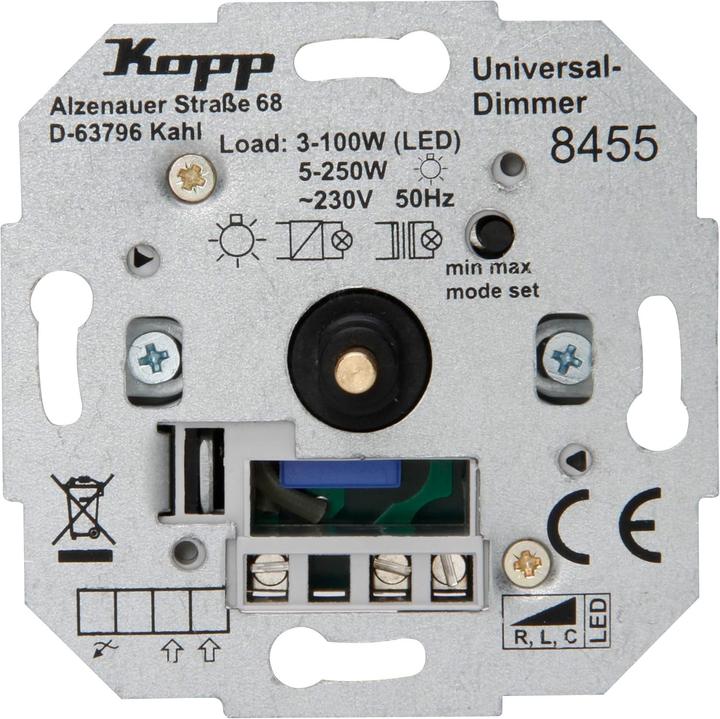Produktbild Kopp Universal Druckwechsel-Dimmer Sockel mit Nebenstellenanschluss.
