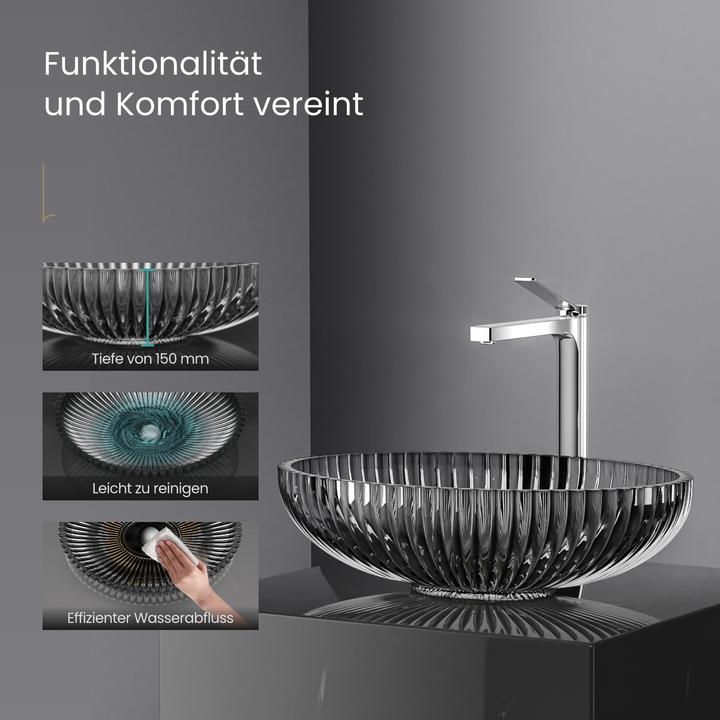 Produktbild Emke Aufsatzwaschbecken, 510 x 350 x 150 mm, Schwarzes Glaswaschbecken, Ovales Aufsatzwaschbecken (350 mm, 510 mm)