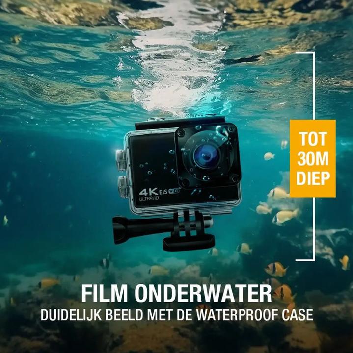 Image du produit Pora&Co - Action camera - 4K - 16MP - 60FPS / 30M Waterproof / WiFi - Inclusief Accessoires - Actiecamera - (WiFi)