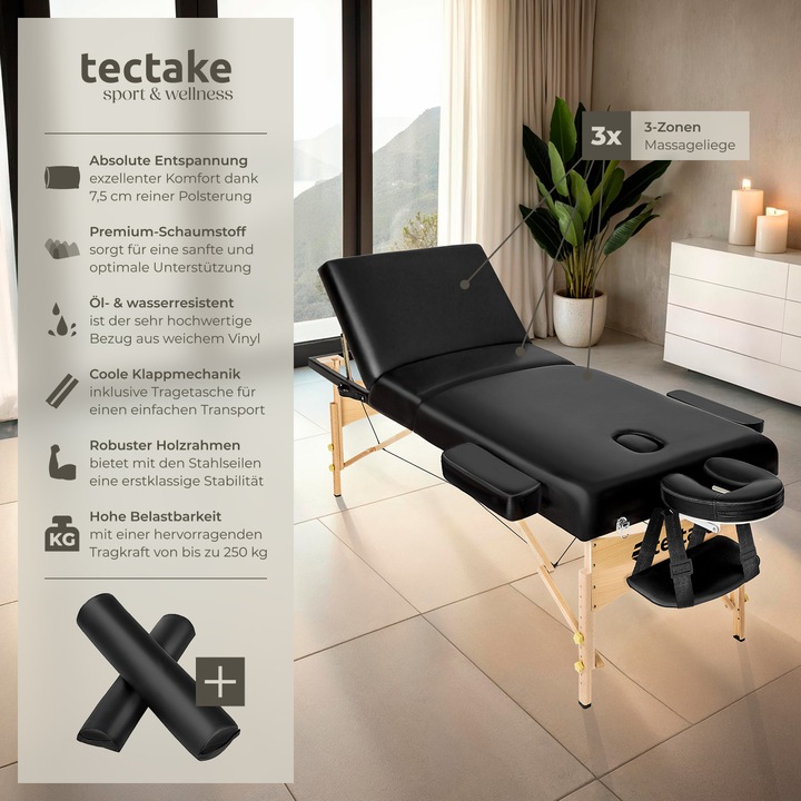 Immagine prodotto tectake Set lettino da massaggio a 3 zone Somwang con imbottitura di 7,5cm, rulli e telaio in legno