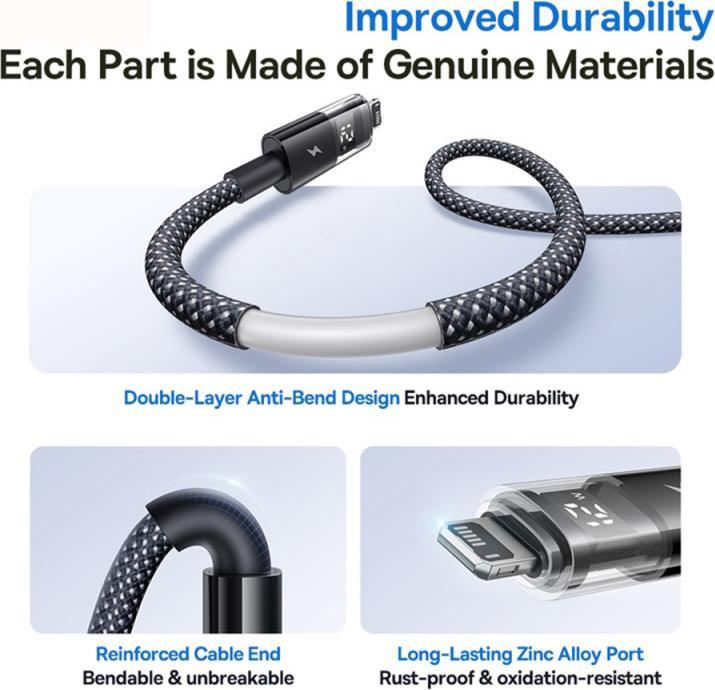 Image du produit Baseus Câble USB-A vers Lightning Display 2, 18W, 2.4A, 2m, Noir (2 m, USB 3.2 Gen 1, 18 W)