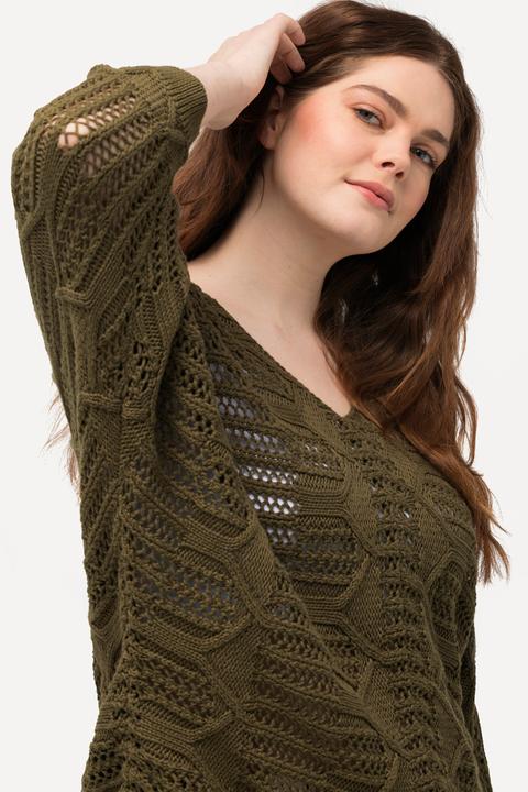 Produktbild Ulla Popken Pullover, Ajourmuster, V-Ausschnitt, 3/4-Arm (56)