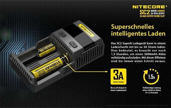 Produktbild Nitecore SC2 Schnelladegerät 3A (1 Stk., 14500, 16340, 18650, AA, AAA, AAAA, Ladegerät inkl. Akku)
