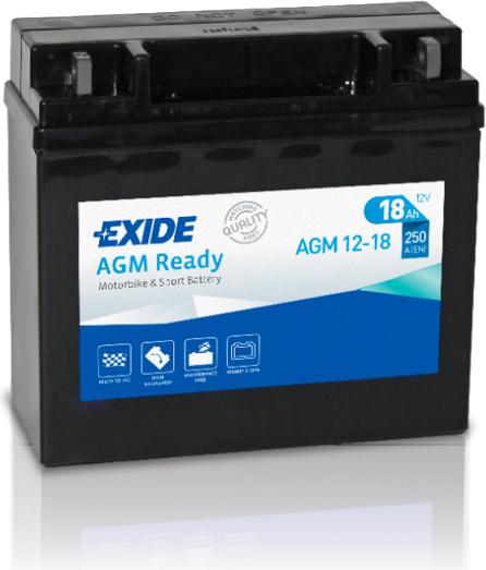 Exide AGM Ready AGM12-19 YTX20L-BS Motorradbatterie 18Ah (DIN82003) (12 V, 18 Ah, 270 A)