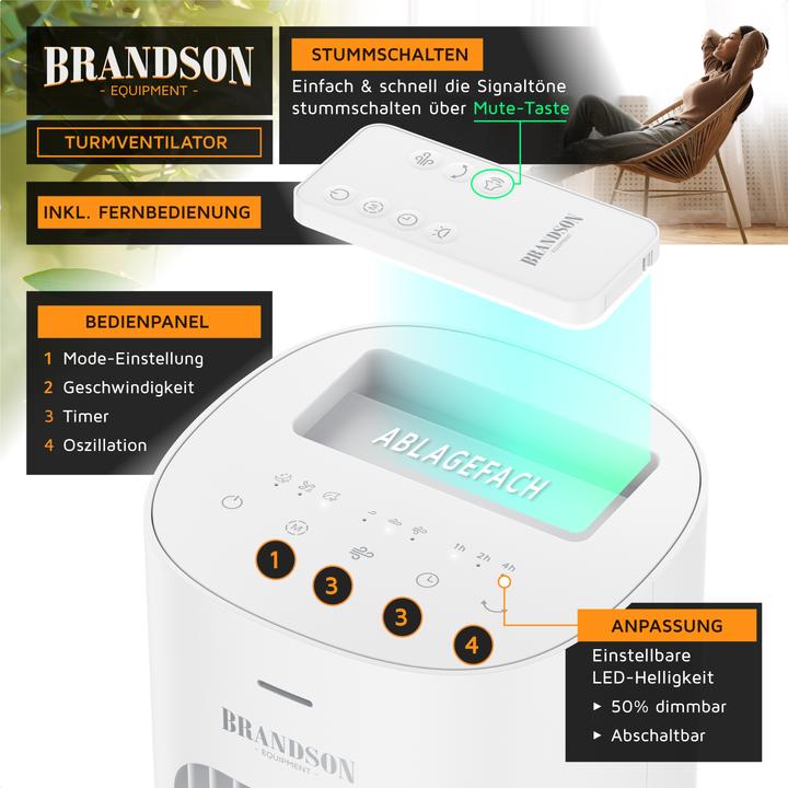 Produktbild Brandson Turmventilator, Fernbedienung, sehr leise, Oszillation, 3 Modi, Timer, 50 W, Standventilator 76cm (48 dB)