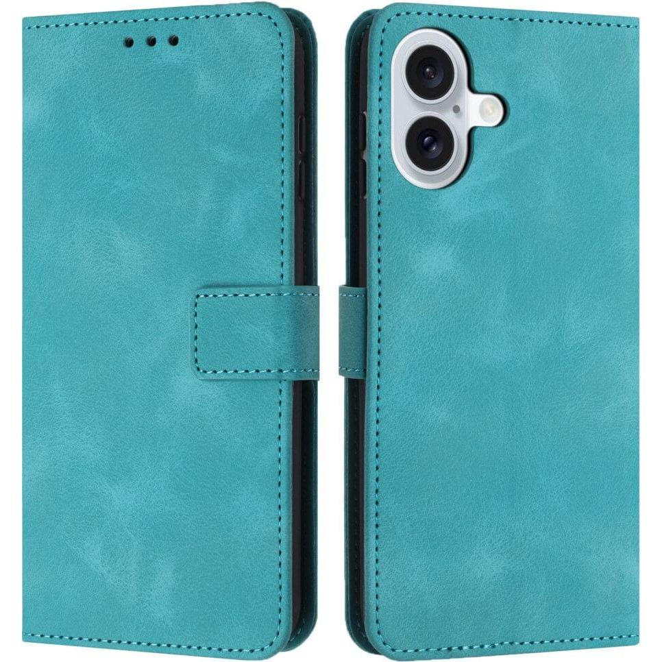 Cover-Discount iPhone 16 – Wildleder Look Etui im Vintage Design (Apple iPhone 16), Smartphone Hülle, Türkis