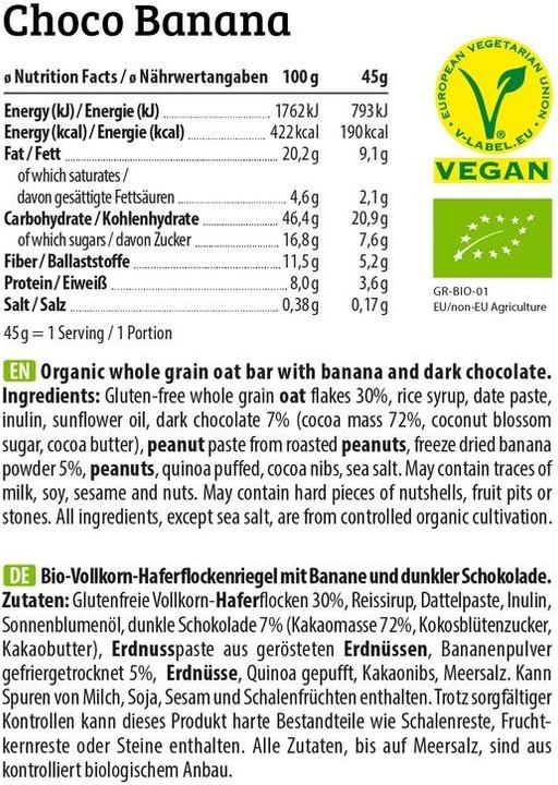 Nährwerte und Zutaten HEJ Nutrition Hej Oat (bio) (12 x 45G) (Choco Banana, 1 Stk., 45 g)