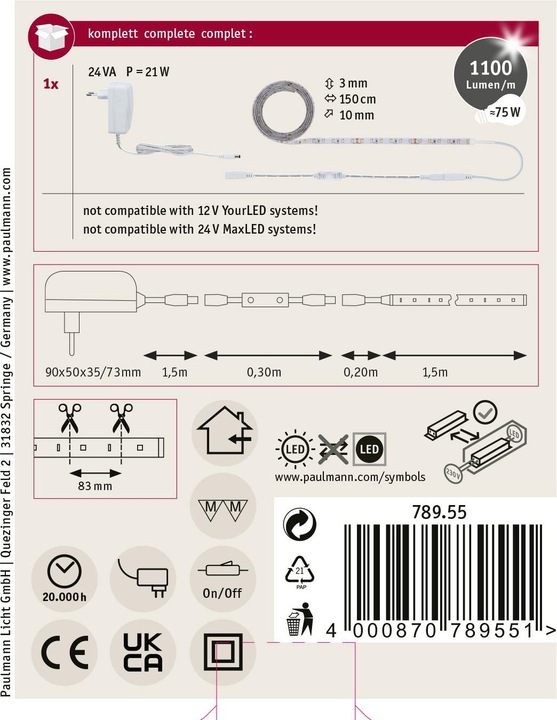 Image du produit Paulmann SimpLED Power Stripe Set (Blanc chaud, 150 cm, Intérieur)