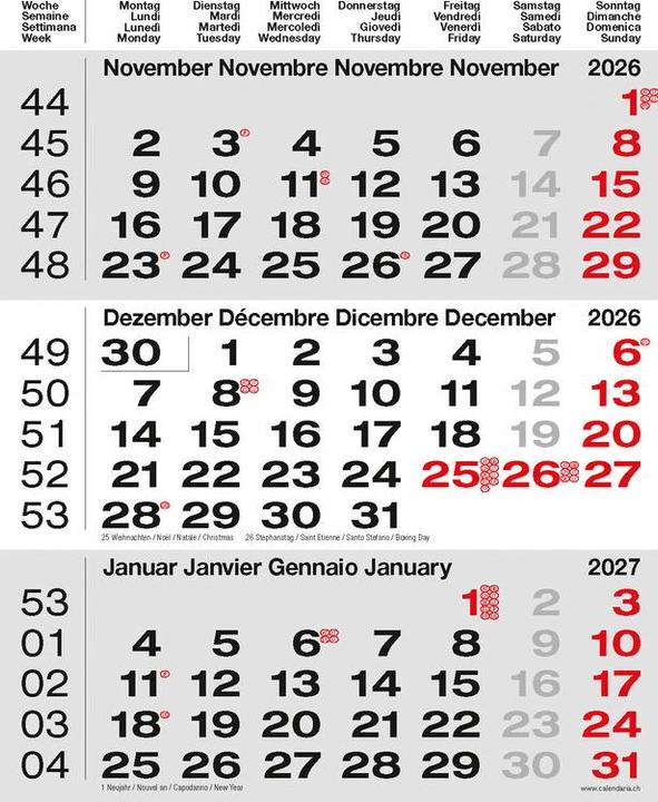 Produktbild 3-Monats-Kalender grau 2026 (31 x 40 cm, Kein Einband, Französisch, Deutsch)