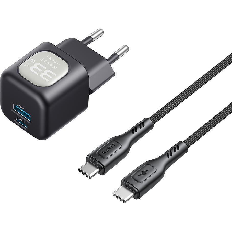 Other Havit - Wall Charger (UC233 EU) - PD33W, Type-C, USB, with Type-C to Type-C Cable, 1m - Black / Gray (33 W), USB L...