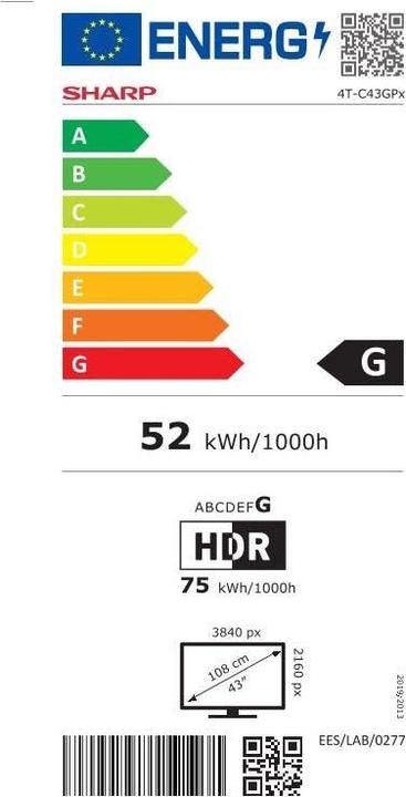 Label énergétique Sharp TV QLED GOOGLE TV, 43 POLL, Résolution : 3840 (43", QLED, 4K)