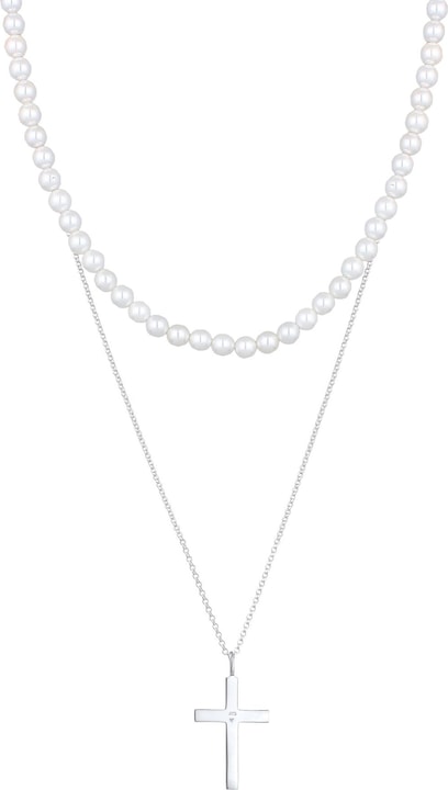 Kuzzoi Kreuz, Layer, Perle, Perlenkette (Muschelkernperlen, Edelstahl, Keine Stein, 925er Sterling Silber)