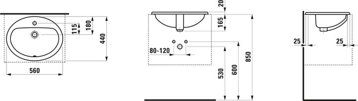 Produktbild Laufen Einbauwaschtisch PRO B 560x440mm mit Überlauf und Hahnloch weiss (440 mm, 560 mm)