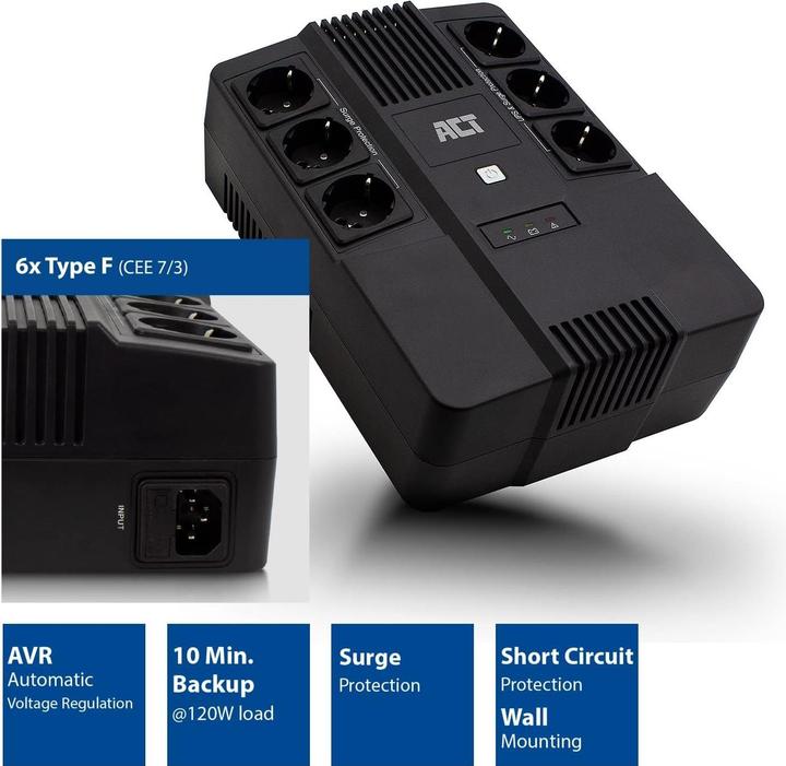Actual product image ACT UPS, 600 VA, 6x Type F outlet, 1x IEC C14 input, 230V, AVR (600 VA, 360 W, Line-interactive UPS)