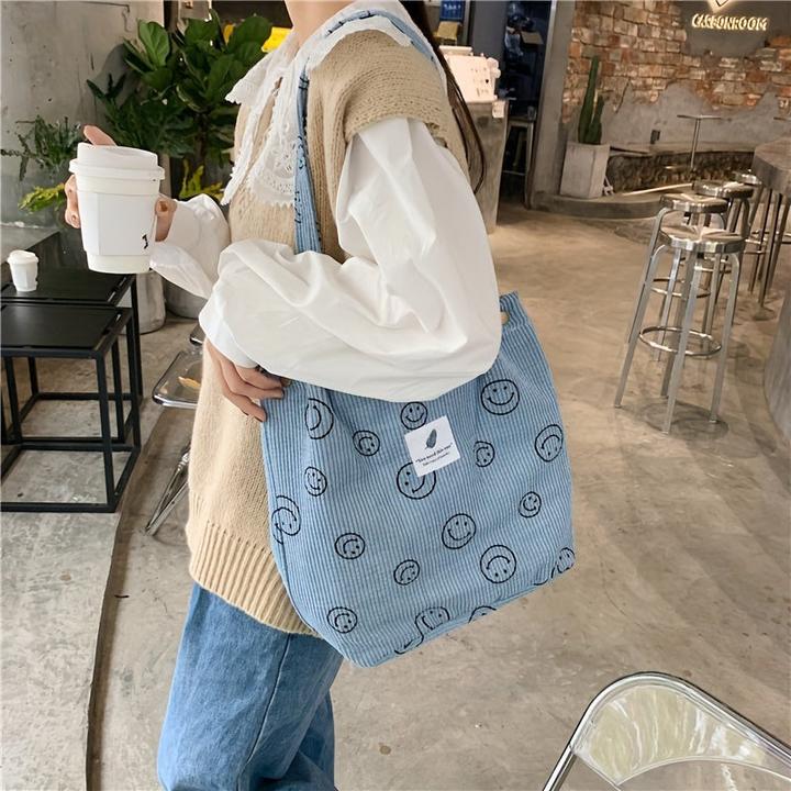 Actual product image Only-Bags.Store Retro Corduroy Tote Bag, Smiling Face Print Shoulder Bag, Simple Handbag for School