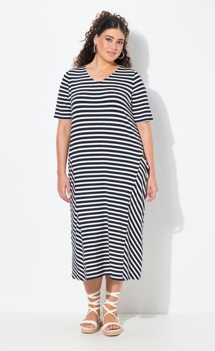Image du produit Ulla Popken Robe midi à rayures, poches, décolleté en V et manches courtes, coupe évasée (54)