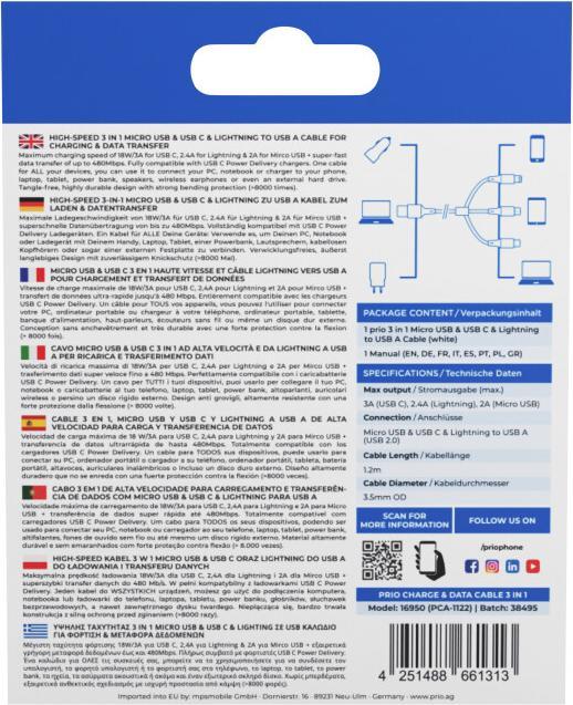 Nutritional values and ingredients prio 3in1 Micro USB & USB C & Lightning to USB A Cable 3A 1.2m white (1.20 m)