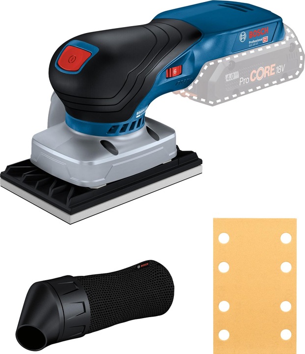 Panneau de base, 120 disponible séparément en pack de 10 : 2 608 607 232, 1 x feuille abrasive C470, GSS 18V-13, 80 x 130 mm (2 608 601 447) avec plaque de ponçage, Sac à poussière pour machines, Best for Wood + Paint