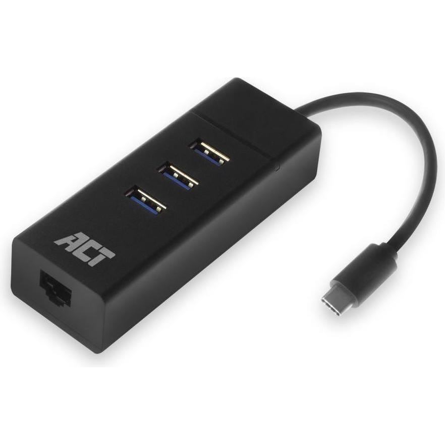 ACT USB-C Hub 3x USB-A, ethernet (USB-C, 4 Ports), Dockingstation + USB Hub, Schwarz