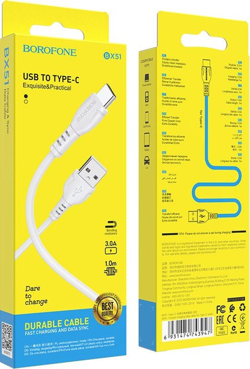 Produktbild Borofone USB-A to USB-C BX51 Triumph MP, 18W, 2A, 1m, weiss (1 m)