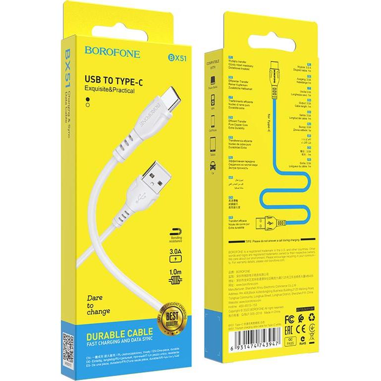 Thumbnail - Borofone USB-A to USB-C BX51 Triumph MP, 18W, 2A, 1m, weiss (1 m), USB Kabel