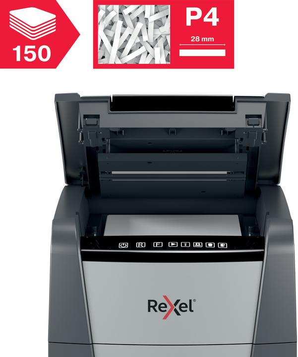 Productafbeelding Rexel Hakselaar Optimum AutoFeed+ 150X Deelsnede 4 x 28 mm 44 l Aantal vellen (max.): 150 Sic. (Gesneden deeltjes)