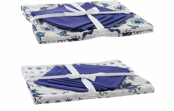 DKD Home Decor Tischdecke und Servietten Blau Weiss 150 x 150 x 0,5 cm (2 Stück)