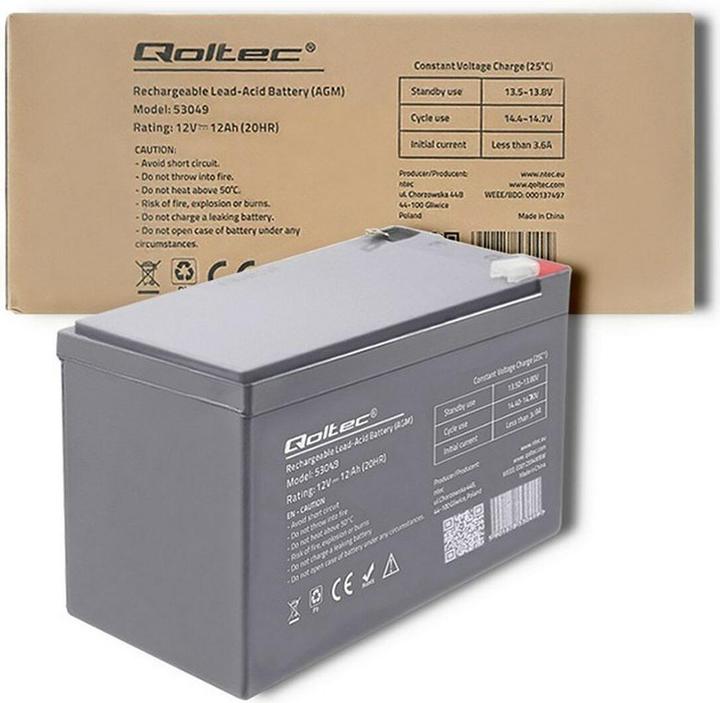 Actual product image Qoltec 53049 AGM battery| 12V| 12Ah - Battery - 12.000 mAh (12 V, 12 Ah)