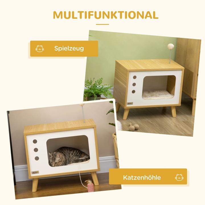Immagine prodotto PawHut Caverna per gatti in design TV con giocattolo e cuscino, quercia, 50x28x43cm (Gatto)