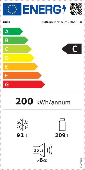 Energie-Label Beko B5RCNA346HW ws Kühlkombi C 209/92L 179,6x59,5x66,5cm NoFrost (301 l)