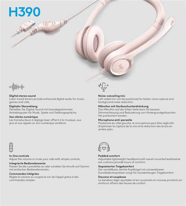 Image du produit Logitech Casque filaire H390 - ROSE - USB (Filaire, USB-A)