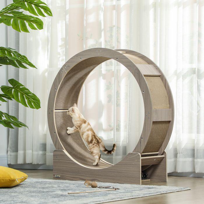Produktbild Swisshandel24 Katzenlaufrad Laufrad für Katzen 91 cm mit Bremse, Kratzbrett, Walnuss (94 cm, Walnuss)