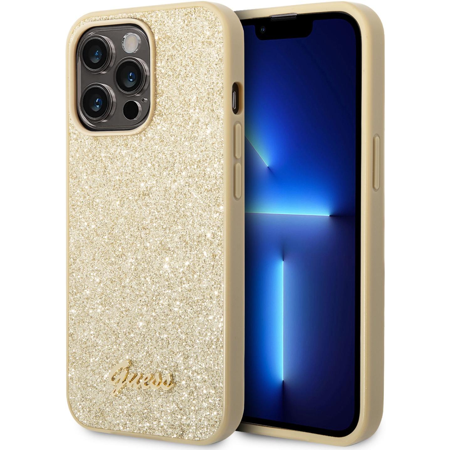 Guess GUHCP14XHGGSHD iPhone 14 Pro Max 6,7" złoty/gold hard case Glitter Script (Apple iPhone 14 Pro Max), Smartphone Hü...