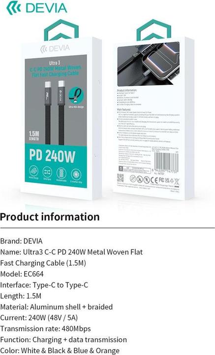 Actual product image Devia Ultra3 usb-c PD 240W Metal Woven Flat Fast Charging Cable 1,5 m blue (1.50 m, 240 W)