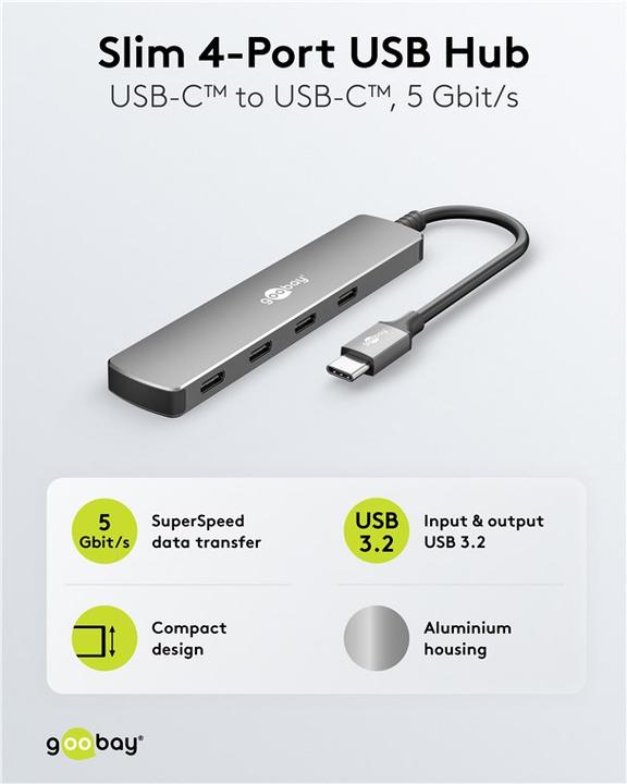 Actual product image Goobay Slim 4-Port USB-Hub, USB-C auf USB-C, 5 Gbit/s (USB-C, 4 ports)