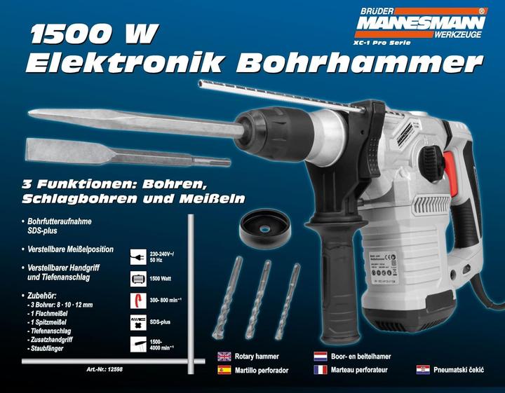 Produktbild Mannesmann Bohr- und Meisselhammer 1500 W, 4 Funktionen (Netzbetrieb)