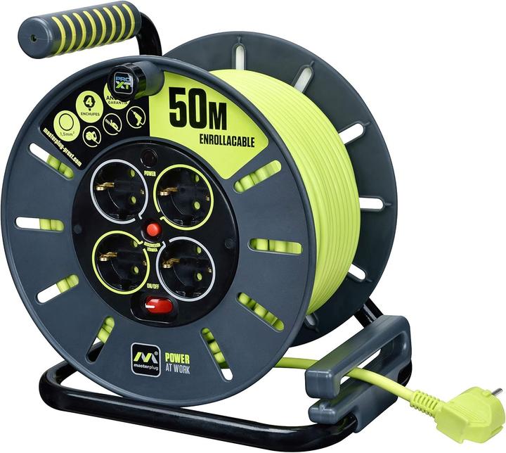 Actual product image Masterplug Pro-XT Cable Reel, 50 m, Extension 4 Schuko, Extension Cable, 3000 W, Grey/Green (50 m, 1.50 mm²)