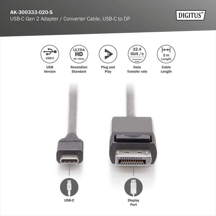 Produktbild Digitus USB Typ C — DisplayPort (2 m, DisplayPort)