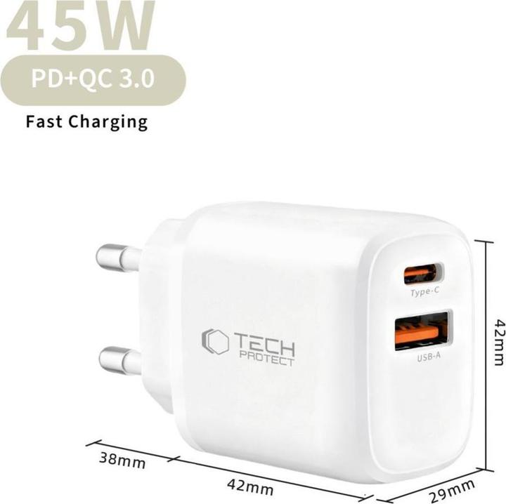 Image du produit Tech-Protect NCA45W-GAN 2-PORT NETZLADEGERÄT PD 45W / QC3.0 WEISS (45 W, 2 ports)