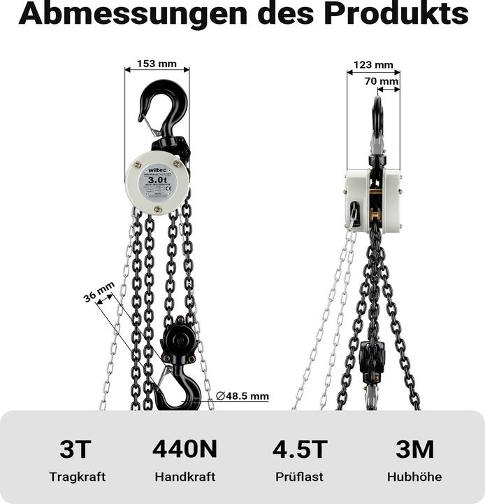 Produktbild Wiltec Kettenzug bis 3t Handkettenzug 3m Hubhöhe Hebelzug Tragmittel Hebezeug