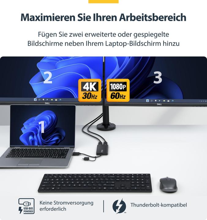 Actual product image StarTech com USB to Dual HDMI Adapter, USB A/C to 2x HDMI Displays (1x 4K30Hz, 1x 1080p), Integrated (USB-C, USB-A, 10 cm)