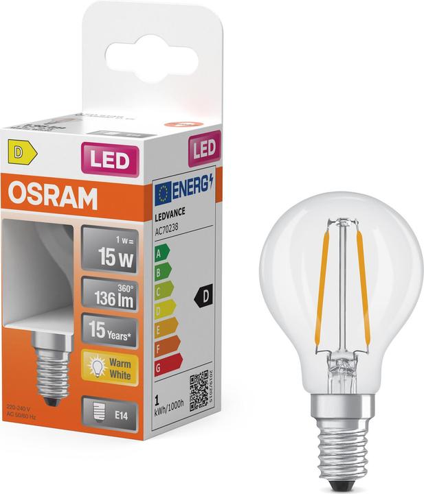 Produktbild Osram LED-Lampe Retrofit, 1 W, E14, 2700 K, EEK: D, 136 lm, IP20, warmweiss (E14, 136 lm, 6x)