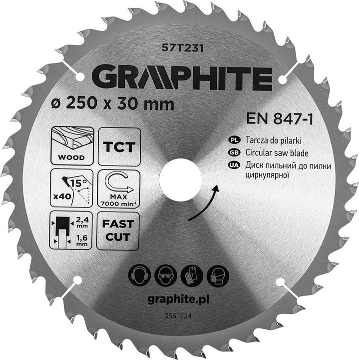 Produktbild Graphite Sägeblatt, hartmetallbestückt, 250 x 30 mm, 40 Zähne